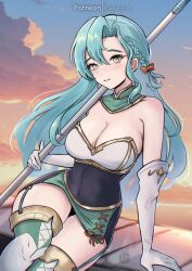 Rule 34 | 1girl, bare shoulders, blue hair, braid, breasts, chascoby, chloe (fire emblem), elbow gloves, fire emblem, fire emblem engage, fire emblem heroes, gloves, green eyes, highres, holding, holding polearm, holding weapon, large breasts, long hair, nintendo, polearm, side braid, sitting, solo, thighhighs, weapon