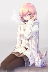 Rule 34 | 1girl, bag, black pantyhose, breath, coat, commentary request, duffel coat, fate/grand order, fate (series), fou (fate), glasses, hair over one eye, mash kyrielight, mash kyrielight (fgo x lawson), objectification, official alternate costume, pantyhose, pink hair, plaid, plaid skirt, pleated skirt, purple eyes, short hair, shoulder bag, sitting, skirt, solo, sumisu (mondo), tucking hair