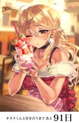 Rule 34 | 1girl, absurdres, ahoge, amaryllis gumi, bag, blonde hair, breasts, clover hair ornament, collar, commentary request, cup, dress, drinking glass, drinking straw, earrings, elbows on table, fake nails, food, fruit, fur trim, gyaru, hair between eyes, hair ornament, hairclip, handbag, highres, holding, holding cup, jewelry, kogal, long hair, looking at viewer, one eye closed, ouga saki, red dress, shashaki, sitting, sleeveless, sleeveless dress, solo, strawberry, table, translation request, virtual youtuber
