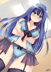 Rule 34 | &gt;:(, 1girl, blue eyes, blue hair, blush, breast hold, breasts, cleavage, closed mouth, crossed arms, earrings, engage kiss, highres, jewelry, large breasts, lewdkuma, lingerie, long hair, looking at viewer, panties, thighhighs, underwear, underwear only, v-shaped eyebrows, yuugiri ayano