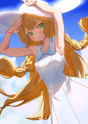 Rule 34 | 1girl, absurdres, armpits, arms up, blonde hair, blush, braid, closed mouth, collared dress, commentary request, creatures (company), day, dress, game freak, green eyes, hat, highres, lillie (pokemon), long hair, looking at viewer, nintendo, outdoors, pokemon, pokemon sm, sky, sleeveless, sleeveless dress, smile, solo, summer (724788381), sun hat, sundress, sweat, twin braids, white dress, white hat