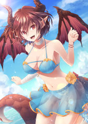 Rule 34 | 1girl, :d, bad id, bad pixiv id, bandaged arm, bandages, bikini, bikini skirt, blue bikini, blue skirt, bracelet, breasts, choker, cleavage, collarbone, commentary request, day, dragon girl, dragon horns, dragon tail, dragon wings, fangs, granblue fantasy, grea (shingeki no bahamut), hair between eyes, horns, jewelry, large breasts, lens flare, looking at viewer, navel, ocean, open mouth, pointy ears, purple eyes, purple hair, shingeki no bahamut, short hair, skirt, smile, solo, splashing, sunlight, swimsuit, tail, water, wings, yue (lov n n)