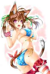 Rule 34 | 1girl, animal ear fluff, animal ears, ass, bikini, blue bikini, bow, breasts, brown hair, cat ears, cat girl, cat tail, green ribbon, hair ribbon, highres, kamiya tomoe, large breasts, medium hair, open mouth, original, paw pose, purple eyes, ribbon, slit pupils, solo, striped clothes, striped thighhighs, swimsuit, tail, tail bow, tail ornament, teeth, thighhighs, twintails, upper teeth only
