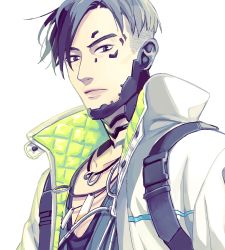 Rule 34 | 1boy, animification, apex legends, backpack, bag, black eyes, black hair, collarbone, crypto (apex legends), cyborg, expressionless, jacket, jewelry, looking at viewer, looking down, male focus, nashigawa, necklace, parted hair, science fiction, solo, undercut, white background, white jacket