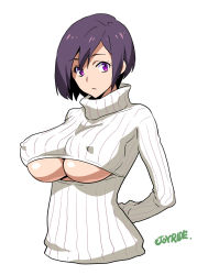 Rule 34 | 1girl, :/, artist name, black hair, breasts, cleavage, cleavage cutout, clothing cutout, covered erect nipples, impossible clothes, joy ride, large breasts, looking at viewer, meme attire, no bra, open-chest sweater, purple eyes, ribbed sweater, short hair, simple background, solo, sweater, turtleneck, underboob, underboob cutout, upper body, white background