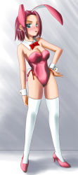Rule 34 | 1girl, :p, animal ears, aqua eyes, bare shoulders, blush, bow, bowtie, breasts, cleavage, code geass, fake animal ears, female focus, full body, gradient background, high heels, kouzuki kallen, leotard, long hair, long image, playboy bunny, rabbit ears, red hair, shoes, solo, suisei, suisei yui, tall image, thighhighs, tongue, tongue out