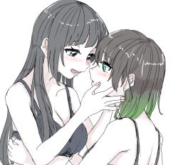 Rule 34 | 2girls, black bra, black hair, blush, bra, breasts, cleavage, collarbone, commentary, face-to-face, gradient hair, green eyes, green hair, grey eyes, hair down, hands on another&#039;s cheeks, hands on another&#039;s face, highres, long hair, love live!, love live! nijigasaki high school idol club, majime na gakuinsei, medium breasts, multicolored hair, multiple girls, open mouth, parted lips, short hair, sidelocks, takasaki yu, underwear, upper body, white background, yuki setsuna (love live!), yuri