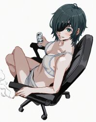 Rule 34 | 1girl, aqua eyes, asahi breweries, beer can, black hair, blush, bra, breasts, can, chainsaw man, chair, cigarette, collarbone, crossed legs, drink can, eyepatch, from above, full body, highres, himeno (chainsaw man), holding, holding can, holding cigarette, looking at viewer, medium breasts, office chair, on chair, one eye covered, panties, shiren (ourboy83), short hair, simple background, sitting, smile, smoke, solo, swivel chair, underwear, underwear only, white background, white bra, white panties