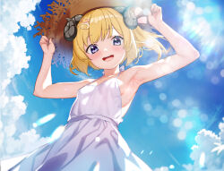 Rule 34 | 1girl, alternate breast size, animal ears, armpits, blonde hair, blue sky, breasts, cloud, commentary, dongchuan, dress, from below, hat, hololive, horns, lens flare, medium hair, open mouth, sheep ears, sheep girl, sheep horns, sky, small breasts, smile, solo, sun hat, sunlight, tsunomaki watame, virtual youtuber, white dress