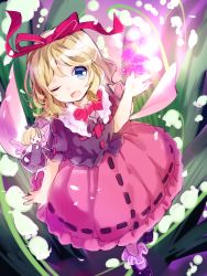 Rule 34 | 1girl, blonde hair, blue eyes, bow, flower, hair bow, hair ornament, hair ribbon, highres, lily of the valley, looking at viewer, makuwauri, mary janes, medicine melancholy, one eye closed, open mouth, ribbon, shirt, shoes, short hair, short sleeves, skirt, smile, socks, solo, su-san, touhou