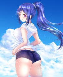 Rule 34 | 10s, 1girl, ass, bad id, bad pixiv id, blue hair, blue theme, blush, breasts, cloud, cloudy sky, commentary request, cowboy shot, day, hair ornament, hair scrunchie, high ponytail, hood, hoodie, long hair, looking back, love live!, love live! sunshine!!, matsuura kanan, outdoors, ponytail, ponytail korosuke, purple eyes, revision, scrunchie, short shorts, short sleeves, shorts, sky, solo