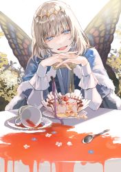 Rule 34 | 1boy, blue cape, butterfly wings, cake, cake slice, cape, commentary request, crown, diamond hairband, fairy, fate/grand order, fate (series), food, fur-trimmed cape, fur trim, highres, insect wings, looking at viewer, male focus, oberon (fate), open mouth, outdoors, poppoman, silver hair, sitting, smile, solo, spill, table, teeth, upper teeth only, white sleeves, wings