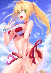 Rule 34 | 10s, 1girl, :d, ahoge, bare arms, bare shoulders, bikini, blonde hair, blue sky, bracelet, breasts, cleavage, cloud, cloudy sky, collarbone, commentary request, cowboy shot, criss-cross halter, day, earrings, eyelashes, fate/extra, fate/grand order, fate (series), fingernails, green eyes, groin, hair between eyes, hair intakes, halterneck, hand on lap, hand up, jewelry, large breasts, leg up, long fingernails, long hair, looking at viewer, medium breasts, midriff, navel, nero claudius (fate), nero claudius (fate) (all), nero claudius (swimsuit caster) (fate), open mouth, outdoors, sandals, shashimo, side-tie bikini bottom, sidelocks, sky, smile, solo, standing, standing on one leg, stomach, striped bikini, striped clothes, swimsuit, teeth, twintails, underboob, upper teeth only, water drop