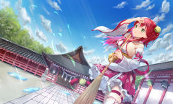 Rule 34 | 1girl, absurdres, ahoge, architecture, asymmetrical hair, bell, blue sky, blush, breasts, broom, cloud, cloudy sky, commentary, cowboy shot, detached sleeves, east asian architecture, falling leaves, floral print, frilled skirt, frills, green eyes, hair bell, hair between eyes, hair ornament, hand on own head, highres, holding, holding broom, hololive, japanese clothes, kimono, layered skirt, leaf, light rays, long hair, looking up, medium breasts, miniskirt, nontraditional miko, obi, open mouth, paw print, paw print pattern, pink hair, pink skirt, sakura miko, sakura miko (1st costume), sakuramon, sash, shrine, side ponytail, sideboob, single thighhigh, skirt, sky, solo, sunlight, syafa, tassel, thigh strap, thighhighs, tree, virtual youtuber, white kimono, white thighhighs, wind, x hair ornament