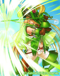 Rule 34 | 1girl, azusa (hws), blonde hair, boots, cape, cardfight!! vanguard, company name, feathers, flower, gloves, green eyes, hair over one eye, hat, lily pad, long hair, magic circle, navel, official art, sky, solo, sword, teeth, water lily musketeer ruth, weapon