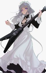 Rule 34 | 1girl, apron, breasts, cleavage, commentary, cross, cross earrings, dethmaid, earrings, english commentary, grey hair, guitar, highres, holding, holding instrument, instrument, jewelry, maid, maid apron, maid headdress, open clothes, original, plectrum, purple eyes, small breasts, solo, white background