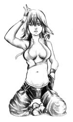 Rule 34 | 1girl, cluedog, gender request, genderswap, greyscale, groin, hand in own hair, hand on own hip, kingdom hearts, kneeling, midriff, monochrome, navel, open clothes, simple background, smooch, solo