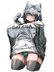 Rule 34 | 1girl, animal ear fluff, animal ears, animal print, blue eyes, blush, breasts, closed mouth, clothes writing, covered erect nipples, fish print, green panties, grey hair, grey jacket, grey thighhighs, hair between eyes, hand on own chest, highres, hood, hood down, hoodie, huu (mohujirou1811), jacket, large breasts, open clothes, open jacket, original, panties, shiny skin, simple background, skindentation, sleeves past wrists, smile, solo, tail, thighhighs, underwear, white background, white hoodie, zipper, zipper pull tab
