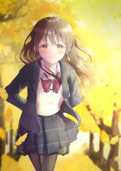 Rule 34 | 1girl, arms behind back, autumn leaves, bag, black pantyhose, blazer, blurry, blurry background, bow, bowtie, brown eyes, brown hair, commentary, cowboy shot, day, dress shirt, ginkgo leaf, hair between eyes, hair blowing, highres, jacket, juuzou (juzo1107), leaf, light blush, light smile, looking at viewer, open clothes, open jacket, original, outdoors, pantyhose, plaid, plaid skirt, pleated skirt, red bow, red bowtie, school bag, school uniform, shirt, skirt, solo, standing, sweater vest, tree, white shirt, wind, wind lift