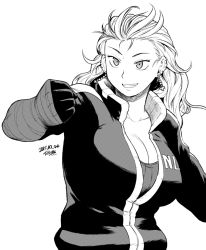 Rule 34 | 10s, 1girl, 2015, breasts, cleavage, clenched hand, dated, dorohedoro, ear piercing, earrings, female focus, greyscale, grin, hand wraps, jacket, jewelry, large breasts, long hair, monochrome, noi (dorohedoro), piercing, simple background, smile, solo, tsukudani (coke-buta), white background
