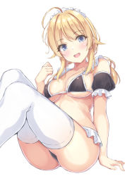 Rule 34 | 1girl, ahoge, arm support, ass, bare shoulders, bikini, black bikini, blonde hair, blue eyes, blush, breasts, cleavage, collarbone, commentary request, detached sleeves, feet out of frame, frills, from below, hachimiya meguru, hand up, hatsu (first snow), idolmaster, idolmaster shiny colors, large breasts, long hair, looking at viewer, maid, maid bikini, maid headdress, open mouth, puffy short sleeves, puffy sleeves, short sleeves, simple background, sitting, smile, solo, swimsuit, teeth, thighhighs, thighs, unconventional maid, upper teeth only, white background, white thighhighs