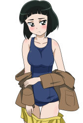 Rule 34 | 1girl, black eyes, black hair, blue one-piece swimsuit, blunt bangs, blunt ends, blush, bob cut, brown jacket, chi-hatan military uniform, closed mouth, clothes pull, commentary request, cowboy shot, frown, girls und panzer, highres, jacket, jacket pull, long sleeves, looking at viewer, military, military uniform, nishihara yasoko, old school swimsuit, one-piece swimsuit, open clothes, open jacket, pleated skirt, pulling own clothes, school swimsuit, short hair, simple background, skirt, skirt pull, solo, standing, swimsuit, swimsuit under clothes, thigh gap, undressing, uniform, wakku kan, white background, yellow skirt