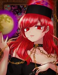 Rule 34 | 1girl, bare shoulders, chain, eyebrows hidden by hair, hand up, hecatia lapislazuli, light smile, long hair, moon (ornament), nail polish, off-shoulder shirt, off shoulder, pinky out, red eyes, red hair, red nails, shirt, solo, swept bangs, touhou, upper body, utagi 0216