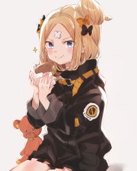 Rule 34 | 1girl, abigail williams (fate), abigail williams (traveling outfit) (fate), absurdres, bandaid, bandaid on face, bandaid on forehead, belt, black bow, black jacket, blonde hair, blue eyes, blush, bow, breasts, burger, crossed bandaids, draw happy set, eating, fate/grand order, fate (series), food, forehead, hair bow, hair bun, heroic spirit traveling outfit, high collar, highres, jacket, long hair, long sleeves, looking at viewer, multiple hair bows, official alternate costume, orange belt, orange bow, parted bangs, polka dot, polka dot bow, single hair bun, sitting, sleeves past fingers, sleeves past wrists, small breasts, smile, sparkle, stuffed animal, stuffed toy, teddy bear