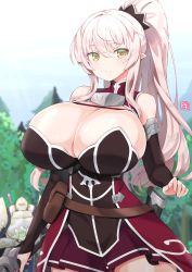 Rule 34 | 1boy, 1girl, 2022, alternate breast size, arc lalatoya, ariane glenys maple, bare shoulders, bea (bropmlk), blonde hair, breasts, cleavage, closed mouth, day, detached sleeves, gaikotsu kishi-sama tadaima isekai e o dekake-chuu, highres, holding, holding sword, holding weapon, huge breasts, long hair, long sleeves, looking at viewer, outdoors, pointy ears, ponta (gaikotsu kishi-sama tadaima isekai e o dekake-chuu), ponytail, sheath, smile, solo focus, standing, sword, thighs, weapon, yellow eyes