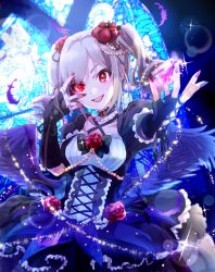 Rule 34 | 1girl, :d, anaroguya, asymmetrical gloves, black bow, black bowtie, black gloves, black ribbon, bow, bowtie, choker, collarbone, crown, feathered wings, fingerless gloves, flower, gloves, hair between eyes, hair ornament, highres, idolmaster, idolmaster cinderella girls, kanzaki ranko, long hair, looking at viewer, mini crown, multicolored nails, nail, nail polish, open mouth, red eyes, red flower, ribbon, silver hair, smile, solo, standing, twintails, uneven gloves, wings
