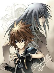 Rule 34 | 2boys, back-to-back, black gloves, black jacket, black shirt, blue eyes, brown hair, chain, chain necklace, commentary, eguana, facing away, facing viewer, fingerless gloves, gloves, grey eyes, grey hair, hand up, jacket, jewelry, kingdom hearts, kingdom hearts ii, long hair, looking back, male focus, multiple boys, necklace, riku (kingdom hearts), shirt, short hair, short sleeves, simple background, sleeveless, smile, sora (kingdom hearts), spiked hair, vest, white vest
