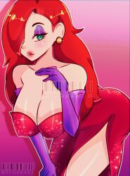 Rule 34 | 1girl, breasts, cleavage, collarbone, cresscin, disney, dress, earrings, eyeshadow, gloves, gradient background, green eyes, hair over one eye, hand on own chest, highres, jessica rabbit, jewelry, large breasts, leaning forward, lip biting, long hair, looking at viewer, makeup, purple background, purple gloves, red dress, red hair, red lips, side slit, sparkle, standing, strapless, strapless dress, who framed roger rabbit
