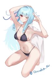 1girl armpits arms_up artist_name bare_legs barefoot bikini black_bikini blue_hair blunt_bangs blush breasts chiriakuta_hai cleavage collarbone full_body hair_tie highres kneeling kotonoha_aoi long_hair looking_at_viewer medium_breasts navel off_shoulder one_eye_closed red_eyes shirt sidelocks simple_background solo stomach string_bikini swimsuit twitter_username voiceroid white_background white_shirt