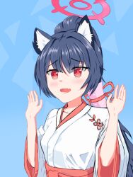 Rule 34 | 1girl, animal ears, blue archive, cat ears, fang, hand up, highres, japanese clothes, long hair, miko, open mouth, ponytail, red eyes, serika (blue archive), siegfried1810