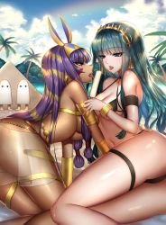 Rule 34 | 2girls, all fours, aromzillam, ass, bikini, breasts, cleavage, cleopatra (fate), dark-skinned female, dark skin, facial mark, fate/grand order, fate (series), food, green eyes, green hair, half-closed eyes, holding, jewelry, large breasts, licking, long hair, medjed (fate), multicolored hair, multiple girls, nitocris (fate), popsicle, purple eyes, purple hair, saliva, saliva trail, sitting, swimsuit, tagme, thigh strap, tongue, tongue out, underboob, yuri