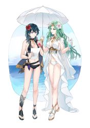 Rule 34 | 2girls, bikini, black bikini, black vs white, blue eyes, blue hair, breasts, byleth (female) (fire emblem), byleth (female) (summer) (fire emblem), byleth (fire emblem), cleavage, cup, drinking, drinking straw, feet, female focus, fire emblem, fire emblem: three houses, fire emblem heroes, flower, full body, glass, green eyes, green hair, hair flower, hair ornament, high heels, highres, holding, holding cup, holding umbrella, jnsghsi, large breasts, long hair, matching hair/eyes, multiple girls, navel, nintendo, official alternate costume, open mouth, rhea (fire emblem), sandals, smile, standing, swimsuit, toes, umbrella, white bikini