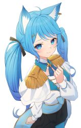 Rule 34 | 1girl, ahoge, animal ear fluff, animal ears, arm at side, blue eyes, blue hair, closed mouth, commentary request, cross hair ornament, detached collar, ear piercing, epaulettes, from above, hair ornament, hair ribbon, highres, jacket, long hair, long sleeves, looking at viewer, nanashi inc., nishino eri, parted bangs, piercing, ribbon, smile, solo, souya ichika, swept bangs, twintails, virtual youtuber, white jacket