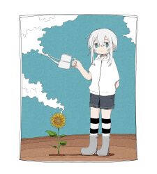 Rule 34 | 1girl, aqua eyes, ashi izumo, black socks, blue shorts, blue sky, boots, closed mouth, cloud, commentary, day, denim, denim shorts, double-parted bangs, expressionless, field, flower, full body, grey footwear, highres, holding, holding watering can, hood, hood down, hoodie, izumo (ashi izumo), kneehighs, looking at viewer, original, outdoors, short hair, short sleeves, shorts, sidelocks, sky, socks, solo, standing, steam, striped clothes, striped socks, sunflower, two-tone socks, watering can, white hair, white hoodie, white socks, yellow flower, zipper