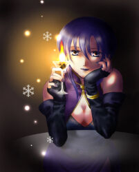 Rule 34 | 1girl, arm on table, blue eyes, blue hair, breasts, cleavage, cocktail glass, cup, drinking glass, fingerless gloves, fire, fire emblem, fire emblem: the blazing blade, gloves, hand on own chin, looking at viewer, lowres, martini, medium breasts, nintendo, purple lips, see-through, short hair, snowflakes, solo, ursula (fire emblem), usachu now