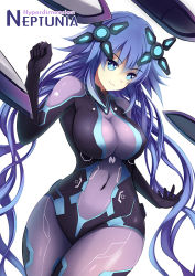 Rule 34 | 10s, 1girl, blue eyes, bodysuit, braid, breasts, covered navel, curvy, euforia, female focus, hair ornament, impossible clothes, large breasts, long hair, neptune (neptunia), neptune (series), next purple, power symbol, power symbol-shaped pupils, purple hair, purple heart (neptunia), shin jigen game neptune vii, skin tight, smile, solo, symbol-shaped pupils, twin braids, very long hair, white background