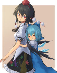 Rule 34 | 2girls, :o, black hair, black ribbon, black wings, blue bow, blue dress, blue hair, blush, bow, breasts, cirno, closed eyes, collared shirt, commentary request, dress, frilled skirt, frills, grin, hair bow, hat, height difference, hug, hug from behind, ice, ice wings, looking back, multiple girls, neck ribbon, patterned clothing, pointy ears, pom pom (clothes), puffy sleeves, red hair, red hat, ribbon, roke (taikodon), shameimaru aya, shirt, short hair, short sleeves, simple background, skirt, sleeveless, sleeveless dress, smile, star (symbol), tan background, tokin hat, touhou, white background, white shirt, wing collar, wings