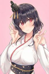 Rule 34 | 1girl, black hair, commentary request, detached sleeves, double v, floral print, frown, hair ornament, kantai collection, miyako (rgrayt), pink background, red eyes, short hair, solo, upper body, v, wide sleeves, yamashiro (kancolle), yamashiro kai ni (kancolle)