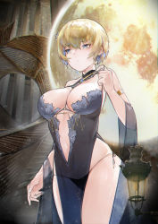Rule 34 | 1girl, absurdres, armlet, bare shoulders, black dress, black panties, blonde hair, blue eyes, breasts, center opening, chinese commentary, cleavage, closed mouth, collarbone, commentary request, cowboy shot, dress, earrings, girls&#039; frontline, hair between eyes, hair ornament, hand up, highres, jewelry, jumbowhopper, large breasts, looking away, mole, mole on breast, mole under eye, navel, necklace, official alternate costume, panties, revealing clothes, shawl, short hair, side-tie panties, sidelocks, skindentation, sleeveless, sleeveless dress, snowflake hair ornament, solo, standing, strap pull, sweat, underwear, vsk-94 (girls&#039; frontline), vsk-94 (night on the silver bay) (girls&#039; frontline)