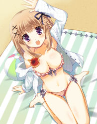 Rule 34 | 1girl, arm up, ball, bikini, blush, breasts, brown hair, cleavage, downblouse, flower, frilled bikini, frills, from above, hibiscus, large breasts, looking at viewer, navel, original, pokopi, short hair, solo, swimsuit