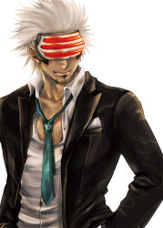 Rule 34 | 1boy, ace attorney, aqua necktie, collarbone, collared shirt, facial hair, facing viewer, godot (ace attorney), goggles, hands in pockets, head-mounted display, jacket, long sleeves, looking to the side, male focus, mask, necktie, open clothes, open jacket, shirt, simple background, solo, stubble, upper body, white background, white hair, yumi (soak1111)