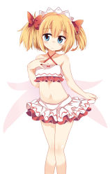 Rule 34 | 1girl, bikini, bikini skirt, blue eyes, blush, bow, frilled bikini, frills, hair bow, highres, looking at viewer, maturiuta sorato, navel, red bow, short hair, simple background, solo, standing, sunny milk, swimsuit, touhou, twintails, white background, wings