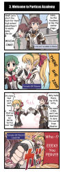 Rule 34 | 1boy, 2girls, 4koma, ahoge, alternate language, arrow (symbol), artist request, belt, blonde hair, blood, blush, bow, bowtie, brown hair, brown skirt, clenched hand, closed eyes, comic, cowboy shot, elf, elf (totomono), emphasis lines, english text, fingerless gloves, gameplay mechanics, gloves, green eyes, green hair, hair ornament, hairband, hard-translated, highres, holding hands, human (totomono), in the face, ken to mahou to gakuen mono, lips, multiple girls, official art, open mouth, parted lips, pleated skirt, pointy ears, ponytail, punching, red bow, red bowtie, school uniform, skirt, smile, speech bubble, talking, teeth, third-party edit, translated, upper body