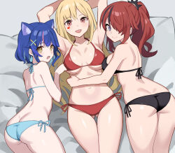 Rule 34 | 3girls, amamiya kokoro, animal ear fluff, animal ears, armpits, arms up, ass, back, bare arms, bare shoulders, bed sheet, bikini, black bikini, black hair, blonde hair, blue bikini, blue hair, breasts, butt crack, cat ears, closed mouth, commentary request, fang, feet out of frame, glastonbury1966, gluteal fold, hair ornament, hair over one eye, halterneck, heart, heart sticker, highres, lain paterson, large breasts, long hair, looking at viewer, luis cammy, mole, mole under mouth, multicolored hair, multiple girls, navel, nijisanji, on bed, open mouth, pink hair, ponytail, purple eyes, red bikini, red eyes, red hair, side-tie bikini bottom, skin fang, skindentation, small breasts, smile, sticker on face, stomach, streaked hair, swimsuit, thigh gap, thighs, virtual youtuber, x hair ornament, yellow eyes