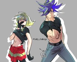 Rule 34 | 2boys, abs, absurdres, androgynous, asymmetrical hair, bae (baebae), black gloves, black shirt, blonde hair, blue eyes, blue hair, clothes lift, covering own mouth, galo thymos, gloves, green hair, guilty challenge (meme), hair between eyes, half gloves, hand in clothes, hand over own mouth, hand under clothes, hand under shirt, highres, lio fotia, long hair, looking at viewer, male focus, meme, mohawk, multiple boys, muscular, muscular male, navel, promare, shirt, shirt lift, short hair, short sleeves, sidecut, smile, spiked hair, stomach, t-shirt, trap, undercut