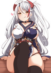 Rule 34 | 1girl, :p, absurdres, ahoge, antenna hair, arm support, azur lane, black thighhighs, blush, breasts, choker, closed mouth, commentary request, cross, hair between eyes, hair ornament, heart, highres, iron cross, large breasts, leaning back, licking lips, long hair, looking at viewer, mole, mole on breast, moyoron, official alternate costume, pelvic curtain, prinz eugen (azur lane), prinz eugen (profusion of flowers) (azur lane), sideboob, simple background, sitting, smile, solo, thighhighs, thighs, tongue, tongue out, two-tone dress, very long hair, white background, white hair, wooden floor, yellow eyes